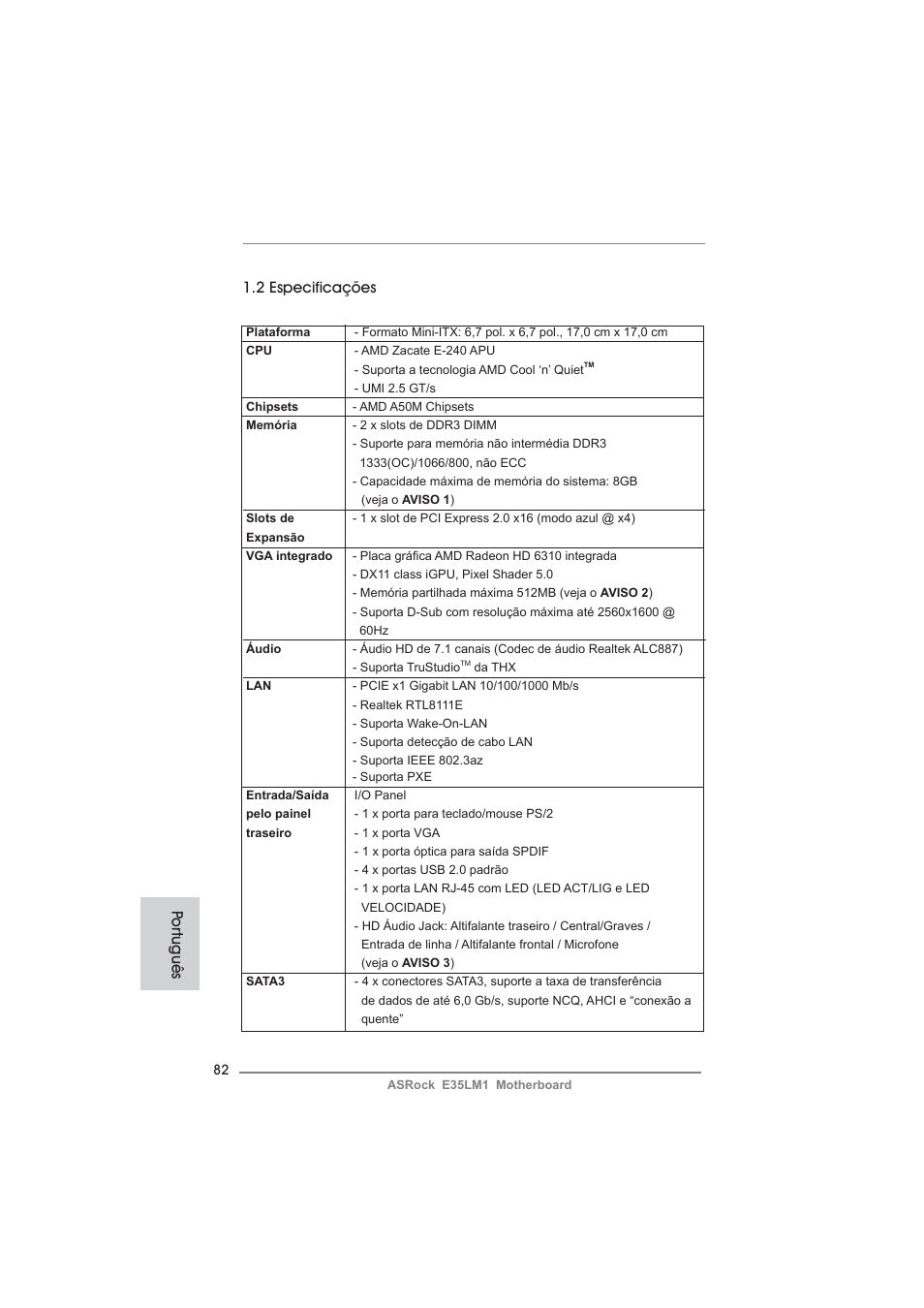 Po rtuguês 1.2 especificações | ASRock E35LM1 User Manual | Page 82 / 119