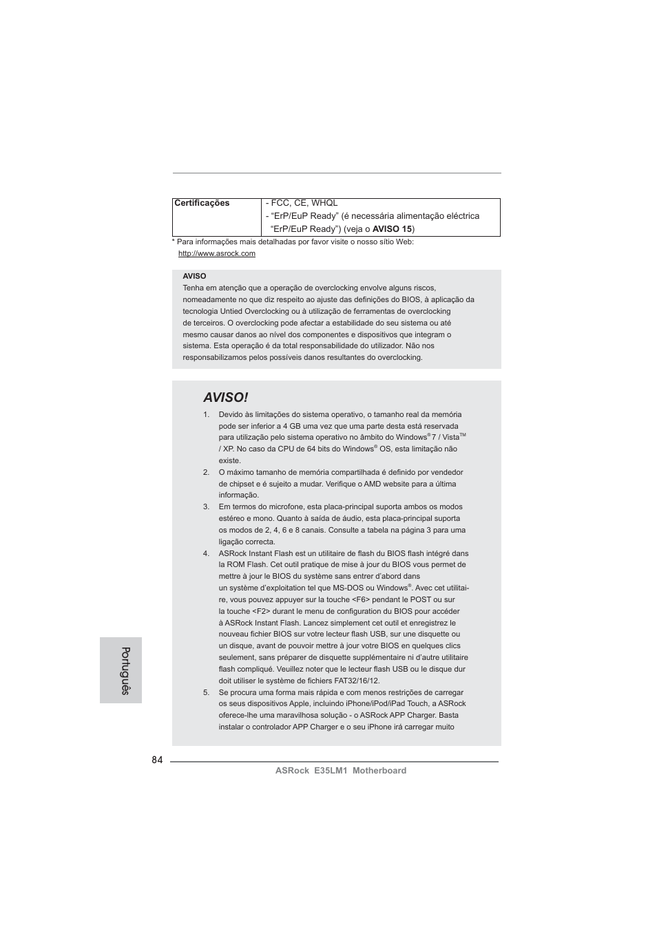 Aviso, Po rtuguês | ASRock E35LM1 User Manual | Page 84 / 119