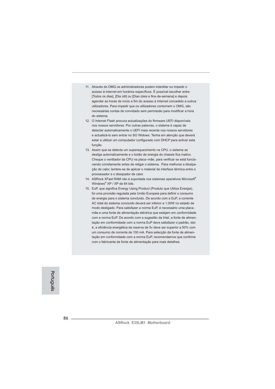 Po rtuguês | ASRock E35LM1 User Manual | Page 86 / 119