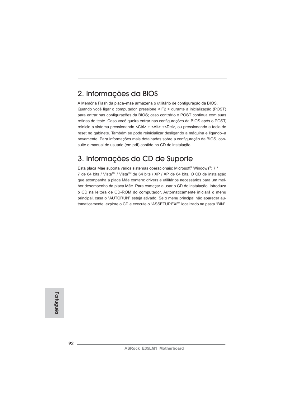 Informações da bios, Informações do cd de suporte | ASRock E35LM1 User Manual | Page 92 / 119