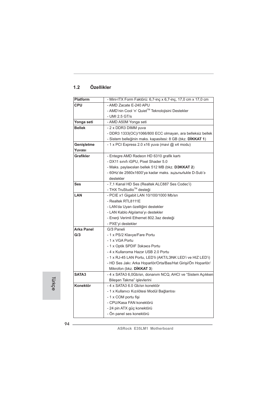2 özellikler, Türkçe | ASRock E35LM1 User Manual | Page 94 / 119