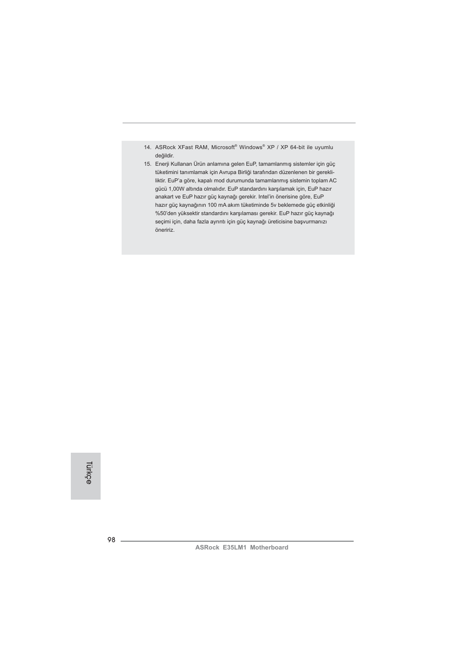 Türkçe | ASRock E35LM1 User Manual | Page 98 / 119