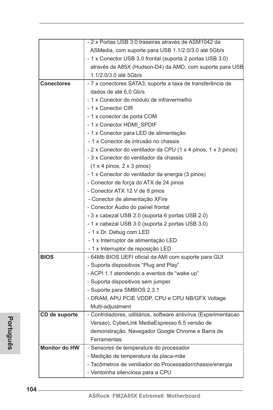 Português | ASRock FM2A85X Extreme6 User Manual | Page 104 / 186