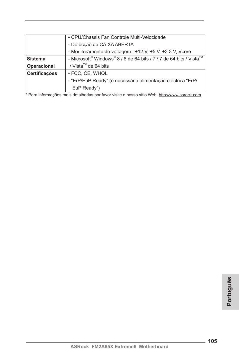 Português | ASRock FM2A85X Extreme6 User Manual | Page 105 / 186