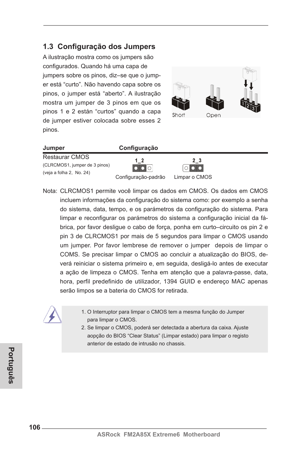 Português 1.3 configuração dos jumpers | ASRock FM2A85X Extreme6 User Manual | Page 106 / 186