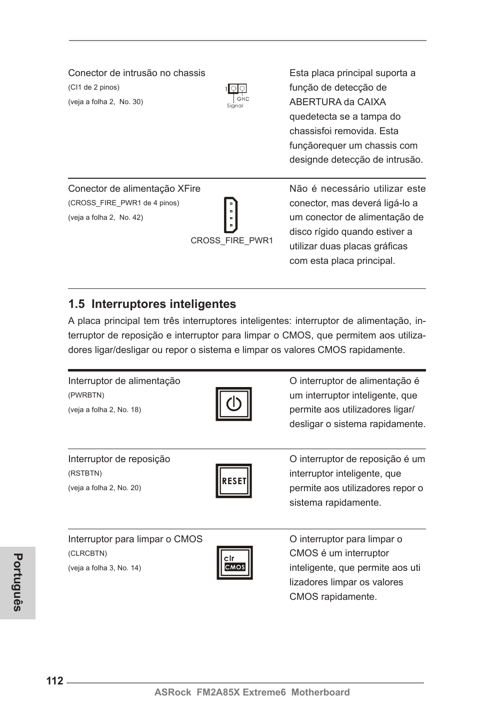 Português, 5 interruptores inteligentes | ASRock FM2A85X Extreme6 User Manual | Page 112 / 186