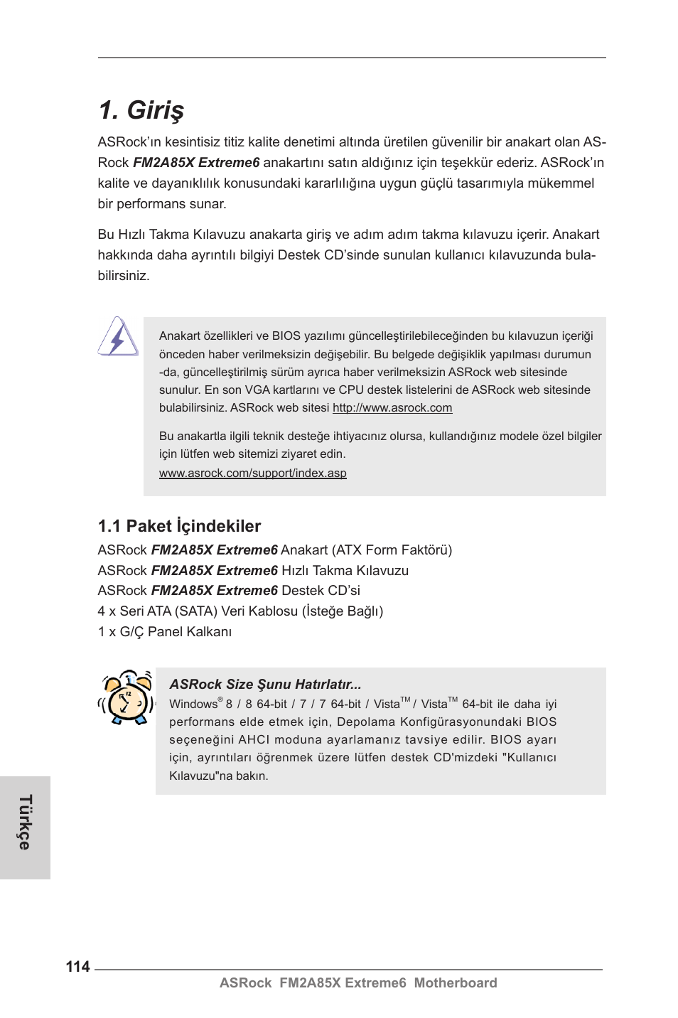 Turkish, Giriş, 1 paket içindekiler | Türkçe | ASRock FM2A85X Extreme6 User Manual | Page 114 / 186