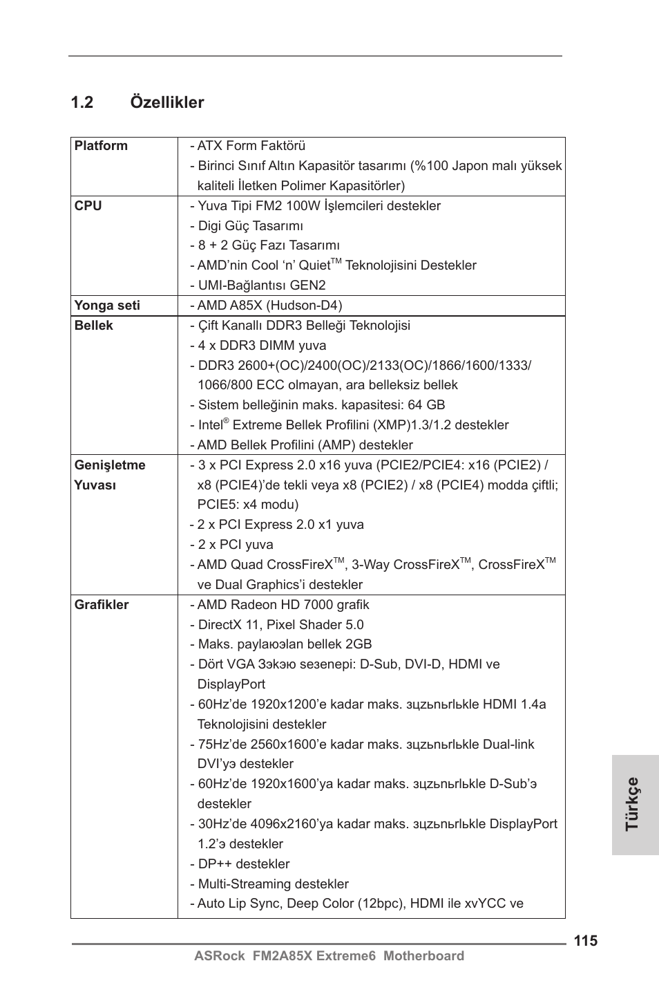 Türkçe 1.2 özellikler | ASRock FM2A85X Extreme6 User Manual | Page 115 / 186