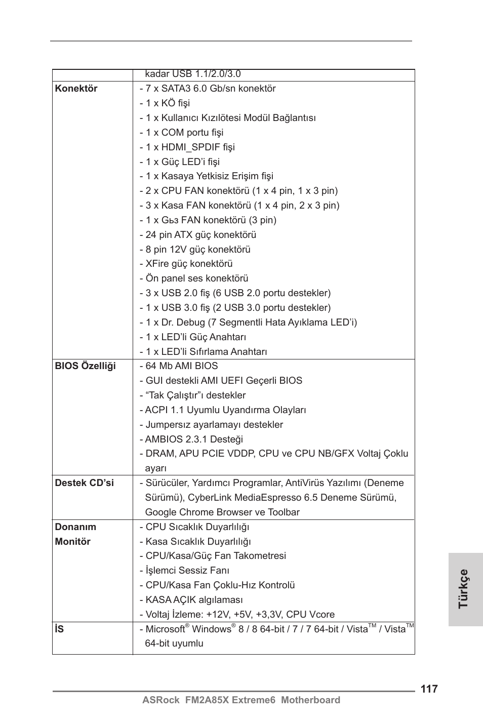 Türkçe | ASRock FM2A85X Extreme6 User Manual | Page 117 / 186