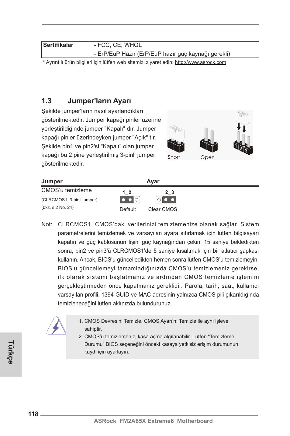 3 jumper'ların ayarı, Türkçe | ASRock FM2A85X Extreme6 User Manual | Page 118 / 186
