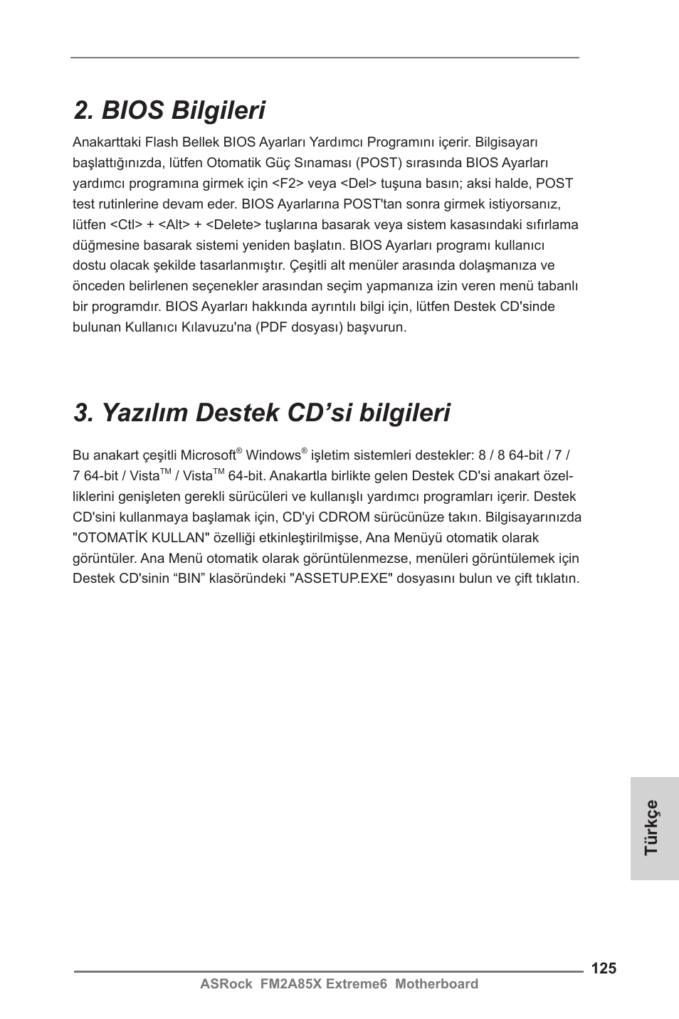 Bios bilgileri, Yazılım destek cd’si bilgileri, Türkçe | ASRock FM2A85X Extreme6 User Manual | Page 125 / 186