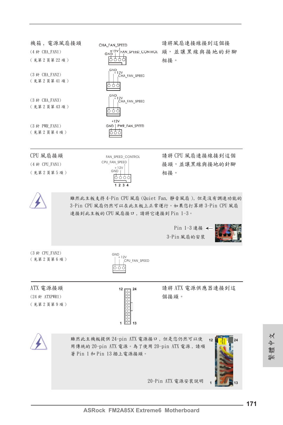 繁體中文, Cpu 風扇接頭 請將 cpu 風扇連接線接到這個, 接頭，並讓黑線與接地的針腳 | Atx 電源接頭 請將 atx 電源供應器連接到這 | ASRock FM2A85X Extreme6 User Manual | Page 171 / 186