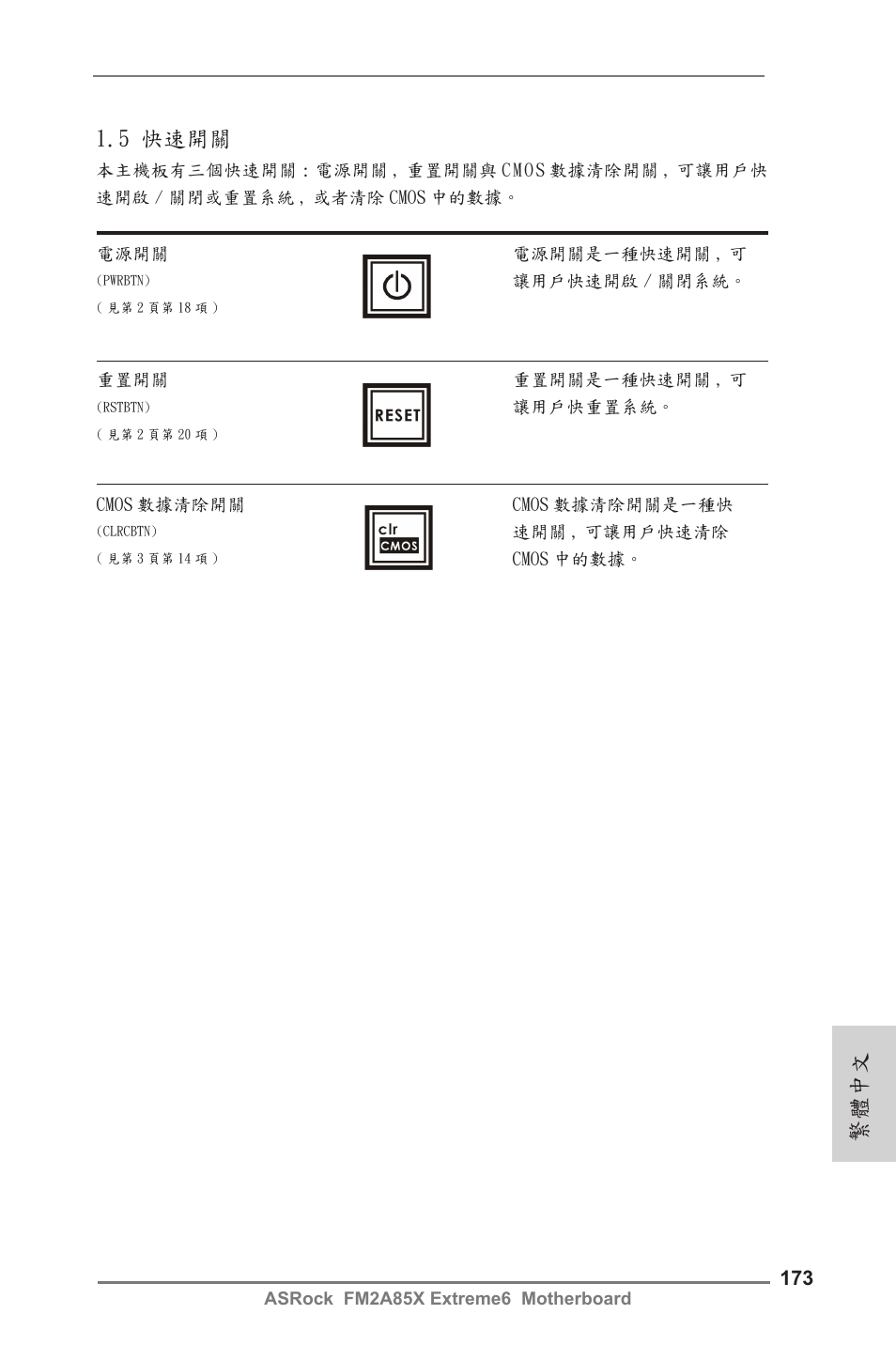 5 快速開關, 繁體中文 | ASRock FM2A85X Extreme6 User Manual | Page 173 / 186