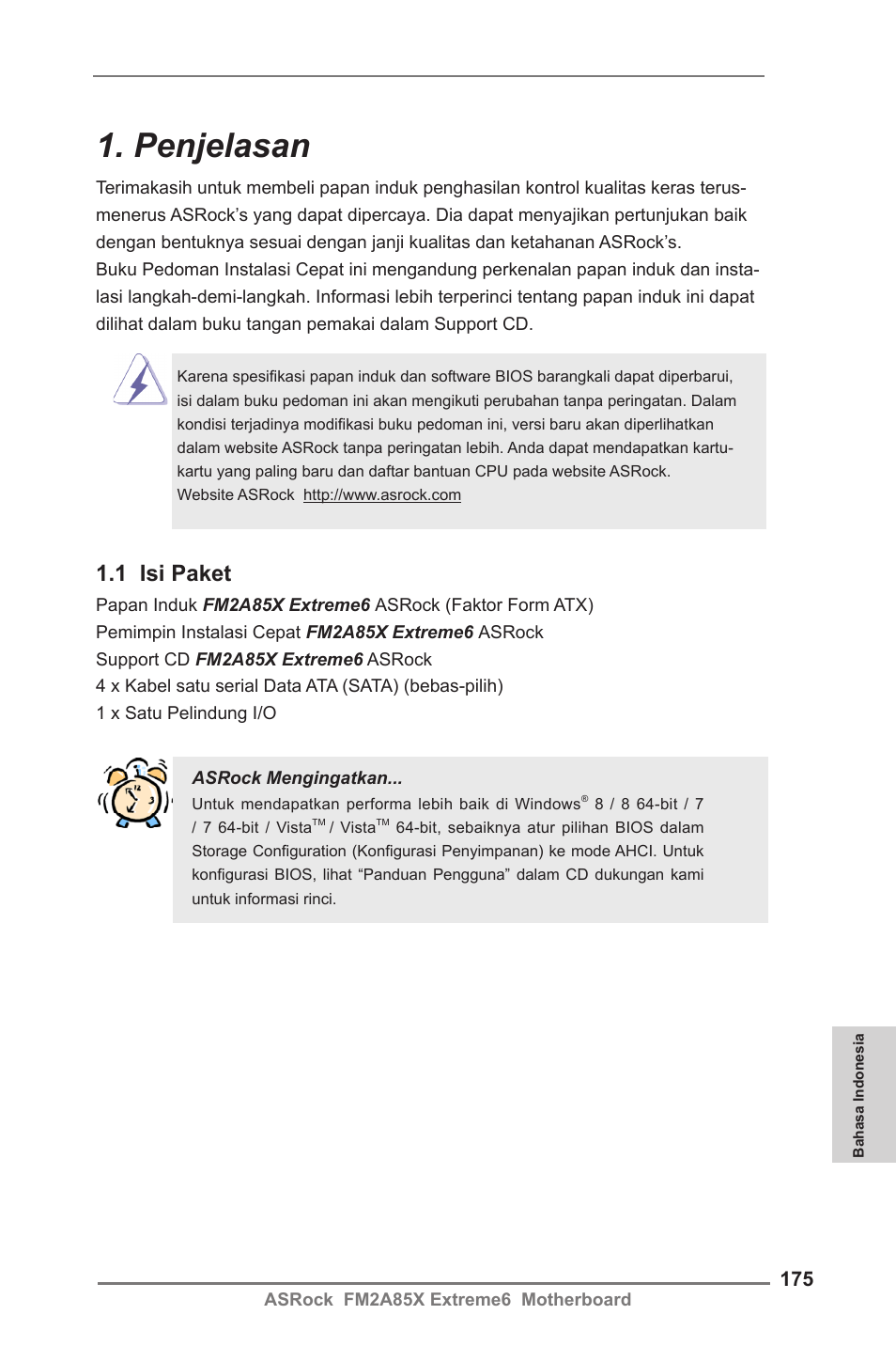 Indonesian, Penjelasan, 1 isi paket | ASRock FM2A85X Extreme6 User Manual | Page 175 / 186