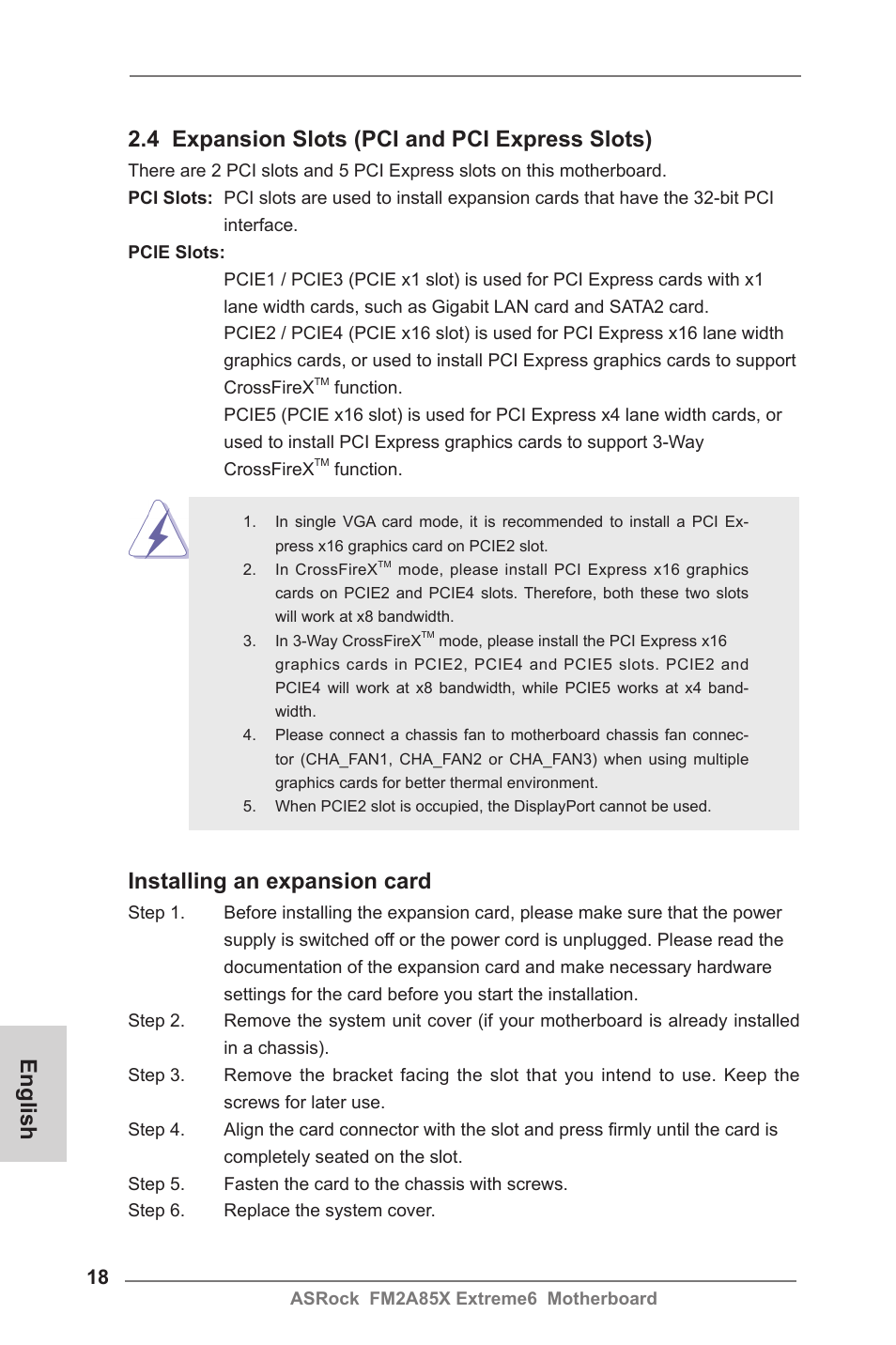 Installing an expansion card | ASRock FM2A85X Extreme6 User Manual | Page 18 / 186