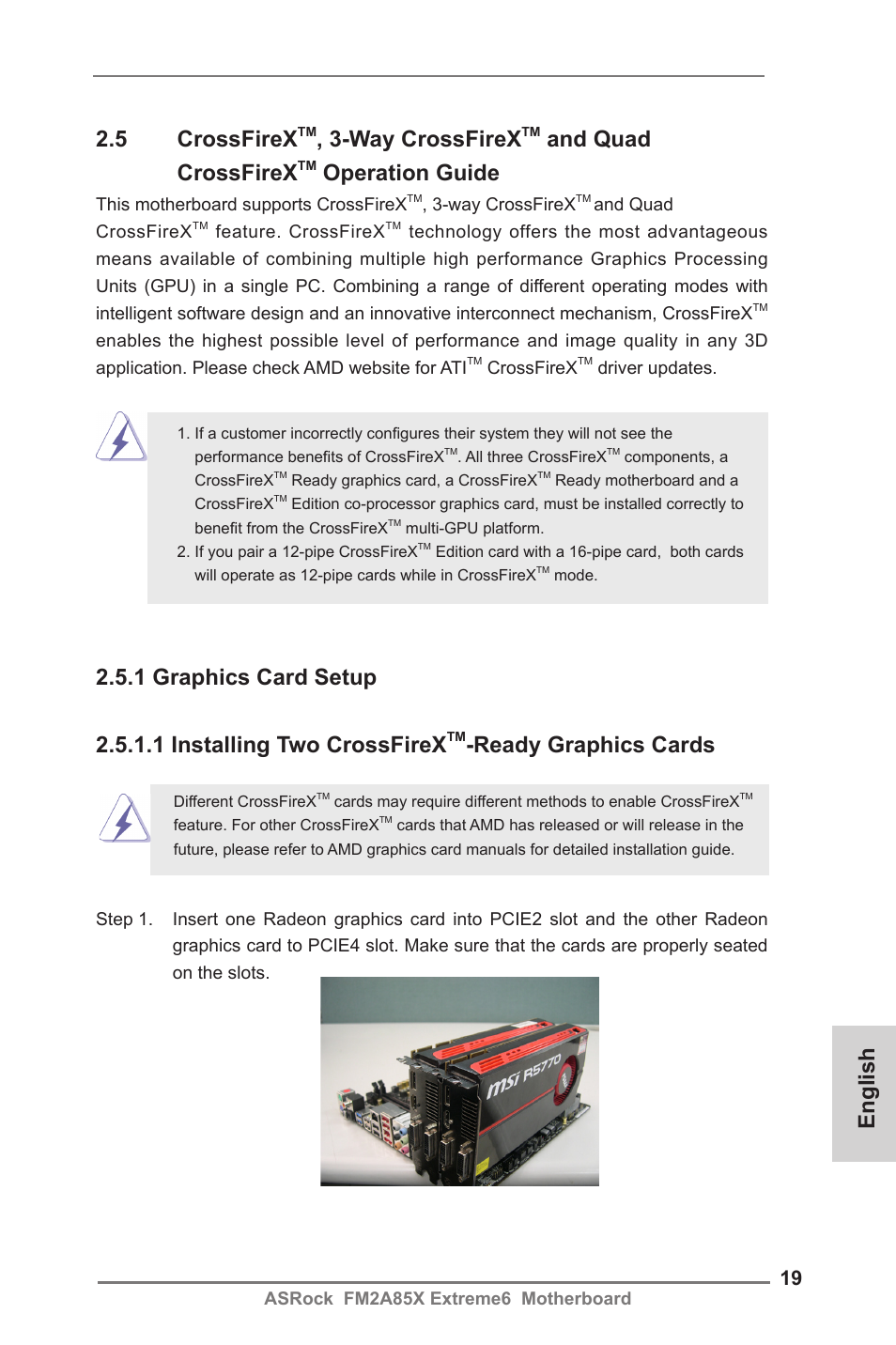 English, 5 crossfirex, Way crossfirex | And quad crossfirex, Operation guide, Ready graphics cards | ASRock FM2A85X Extreme6 User Manual | Page 19 / 186