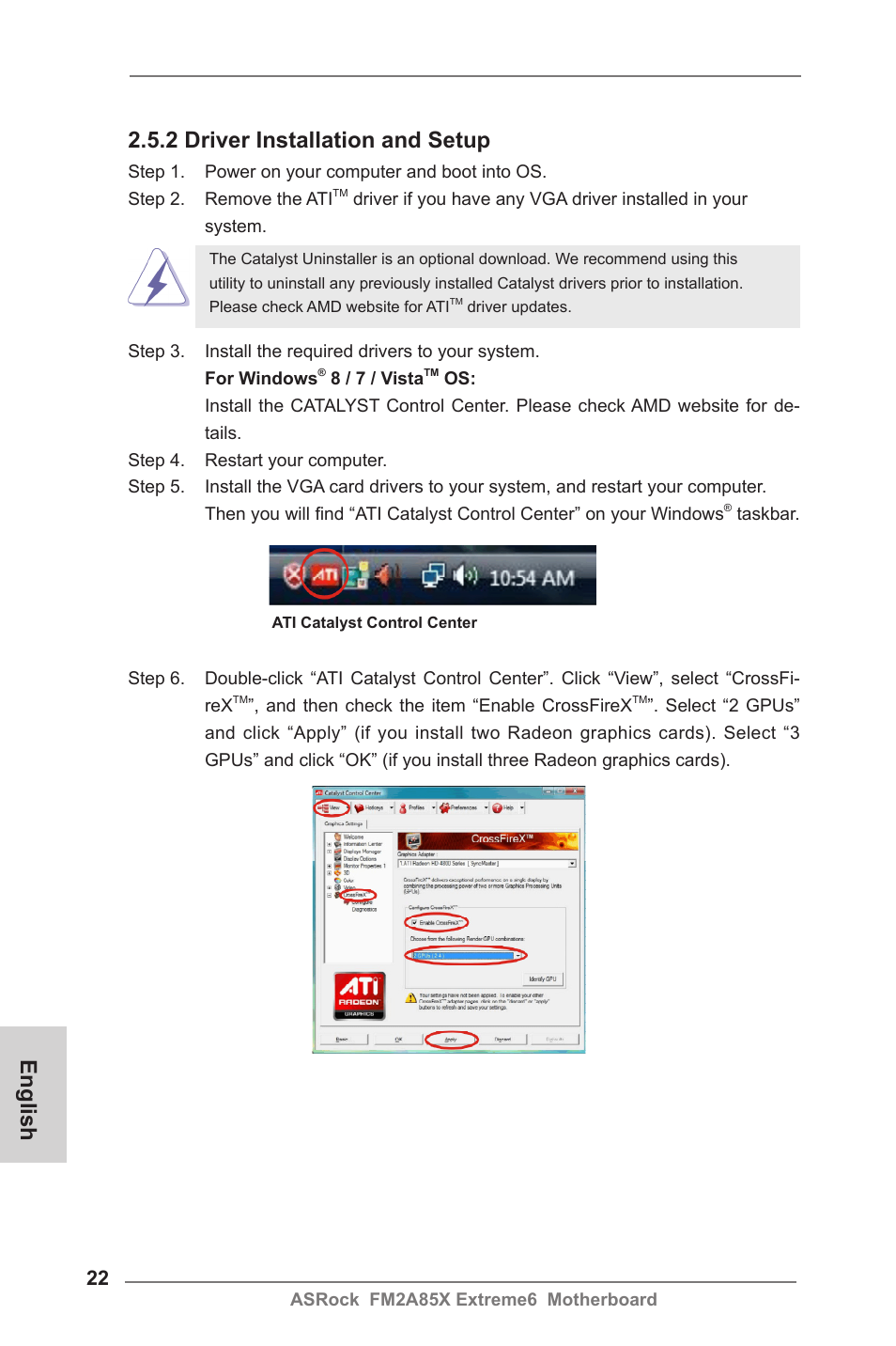 English, 2 driver installation and setup | ASRock FM2A85X Extreme6 User Manual | Page 22 / 186