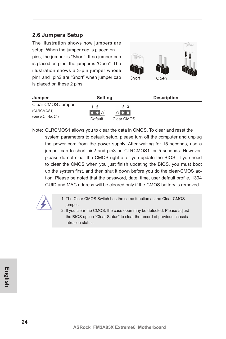 English 2.6 jumpers setup | ASRock FM2A85X Extreme6 User Manual | Page 24 / 186