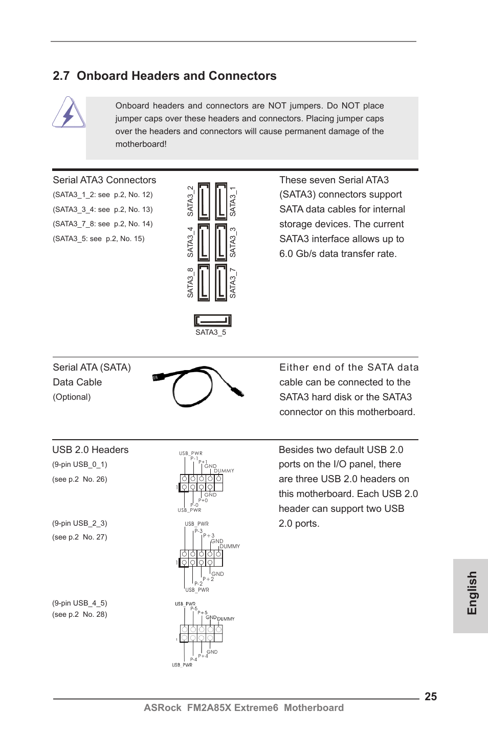 English 2.7 onboard headers and connectors, Asrock fm2a85x extreme6 motherboard, Serial ata3 connectors these seven serial ata3 | Sata3) connectors support, Sata data cables for internal, Storage devices. the current, Ports on the i/o panel, there, 0 ports | ASRock FM2A85X Extreme6 User Manual | Page 25 / 186