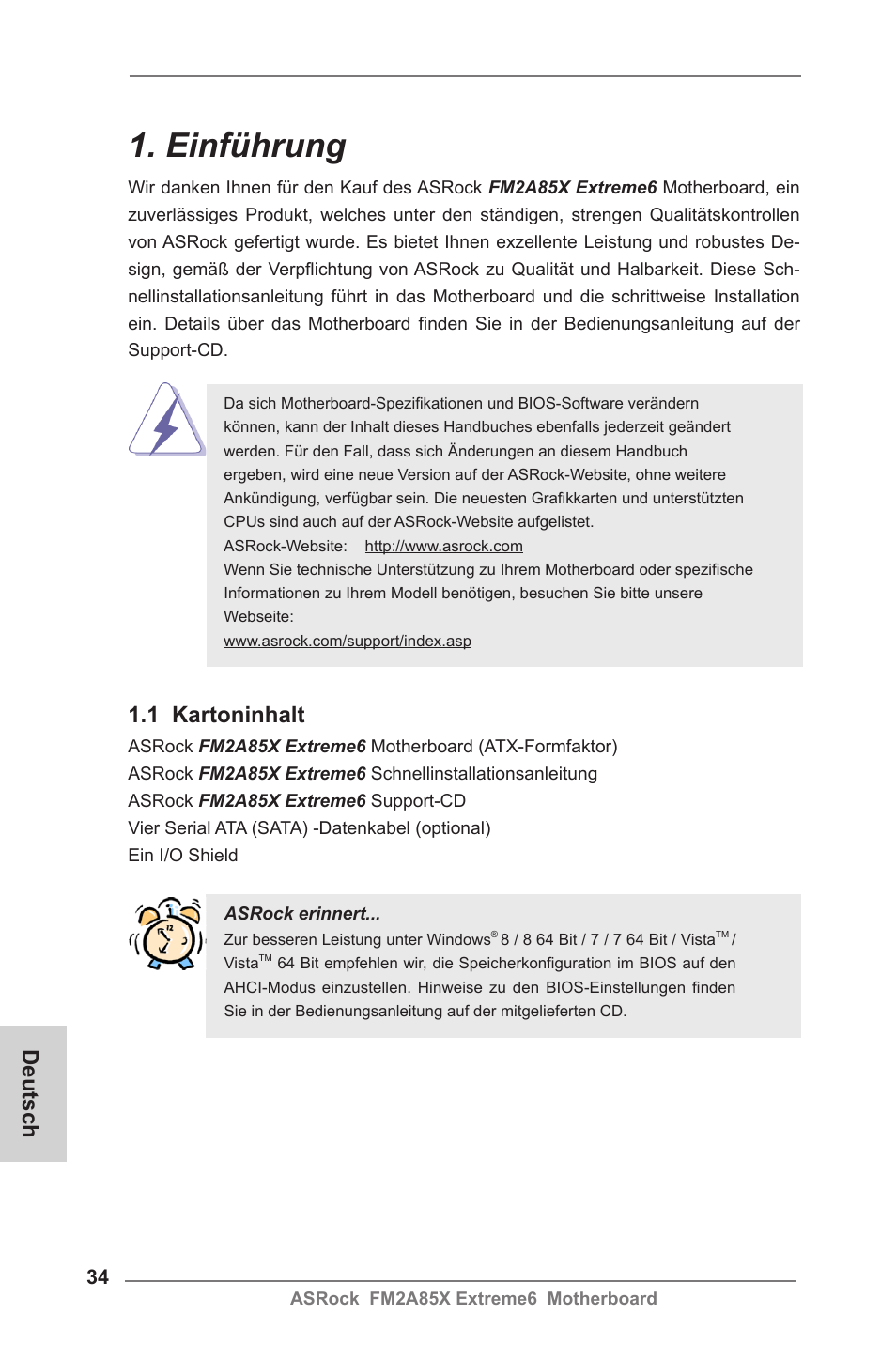 German, Einführung, 1 kartoninhalt | Deutsch | ASRock FM2A85X Extreme6 User Manual | Page 34 / 186