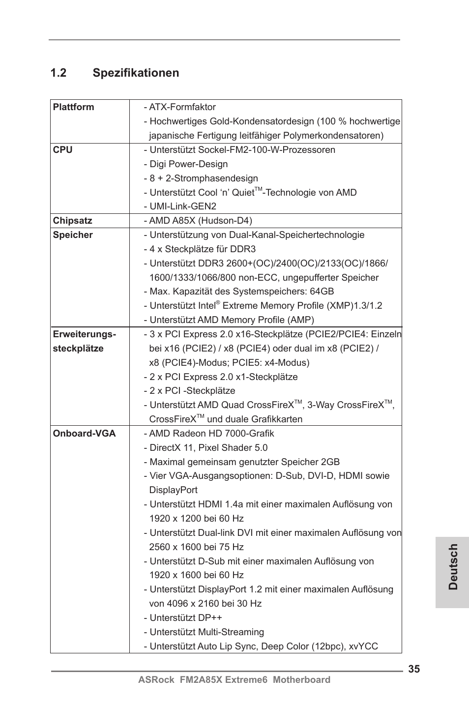Deutsch 1.2 spezifikationen | ASRock FM2A85X Extreme6 User Manual | Page 35 / 186
