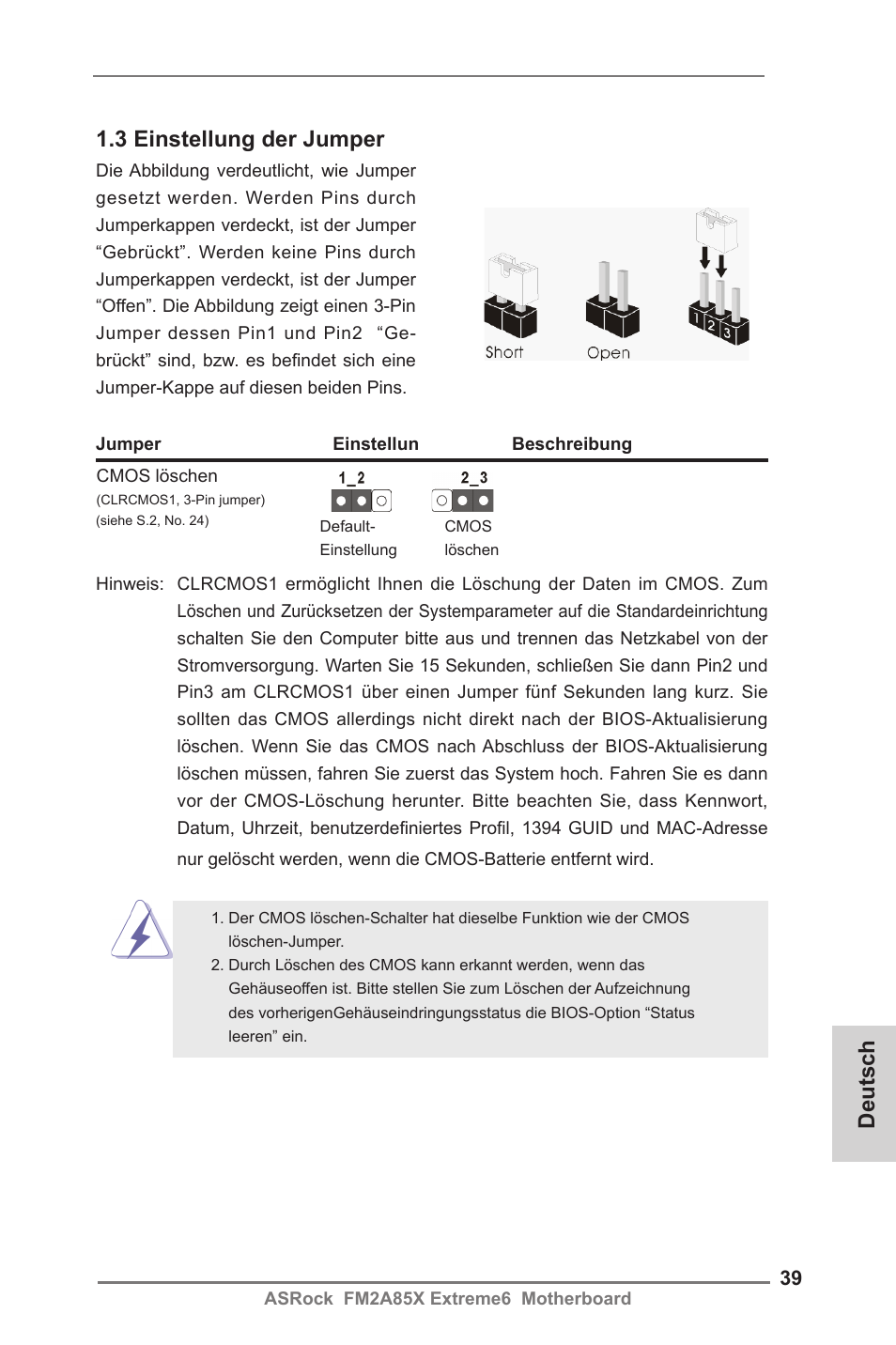 Deutsch 1.3 einstellung der jumper | ASRock FM2A85X Extreme6 User Manual | Page 39 / 186
