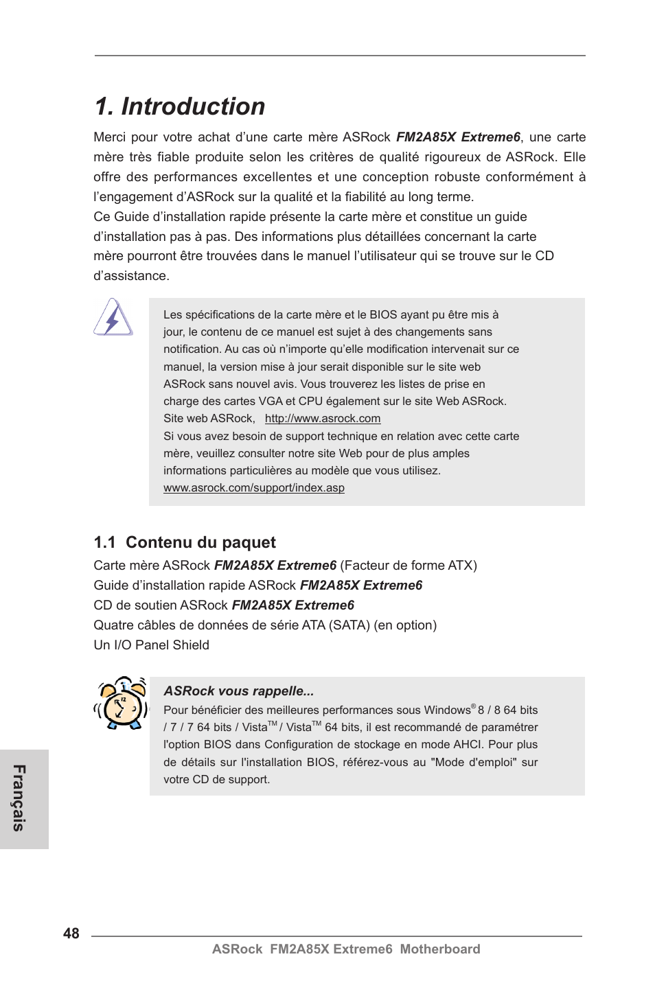 French, Introduction, 1 contenu du paquet | Français | ASRock FM2A85X Extreme6 User Manual | Page 48 / 186