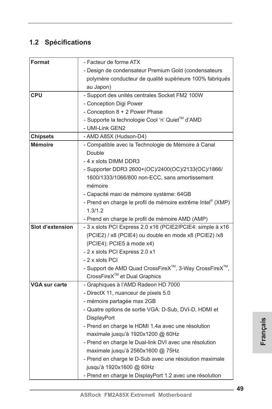 Français 1.2 spécifications | ASRock FM2A85X Extreme6 User Manual | Page 49 / 186