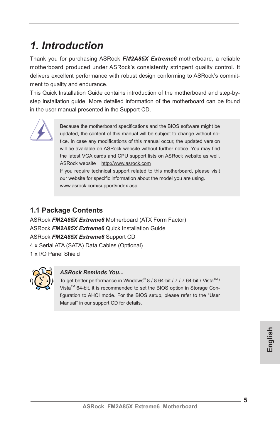 Introduction, English, 1 package contents | ASRock FM2A85X Extreme6 User Manual | Page 5 / 186