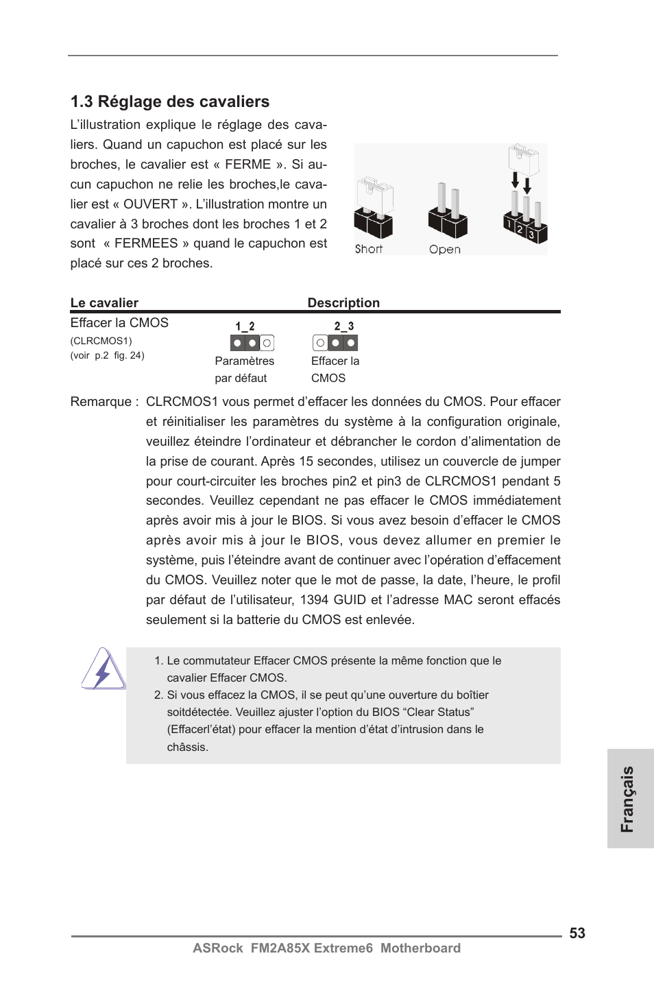 3 réglage des cavaliers, Français | ASRock FM2A85X Extreme6 User Manual | Page 53 / 186