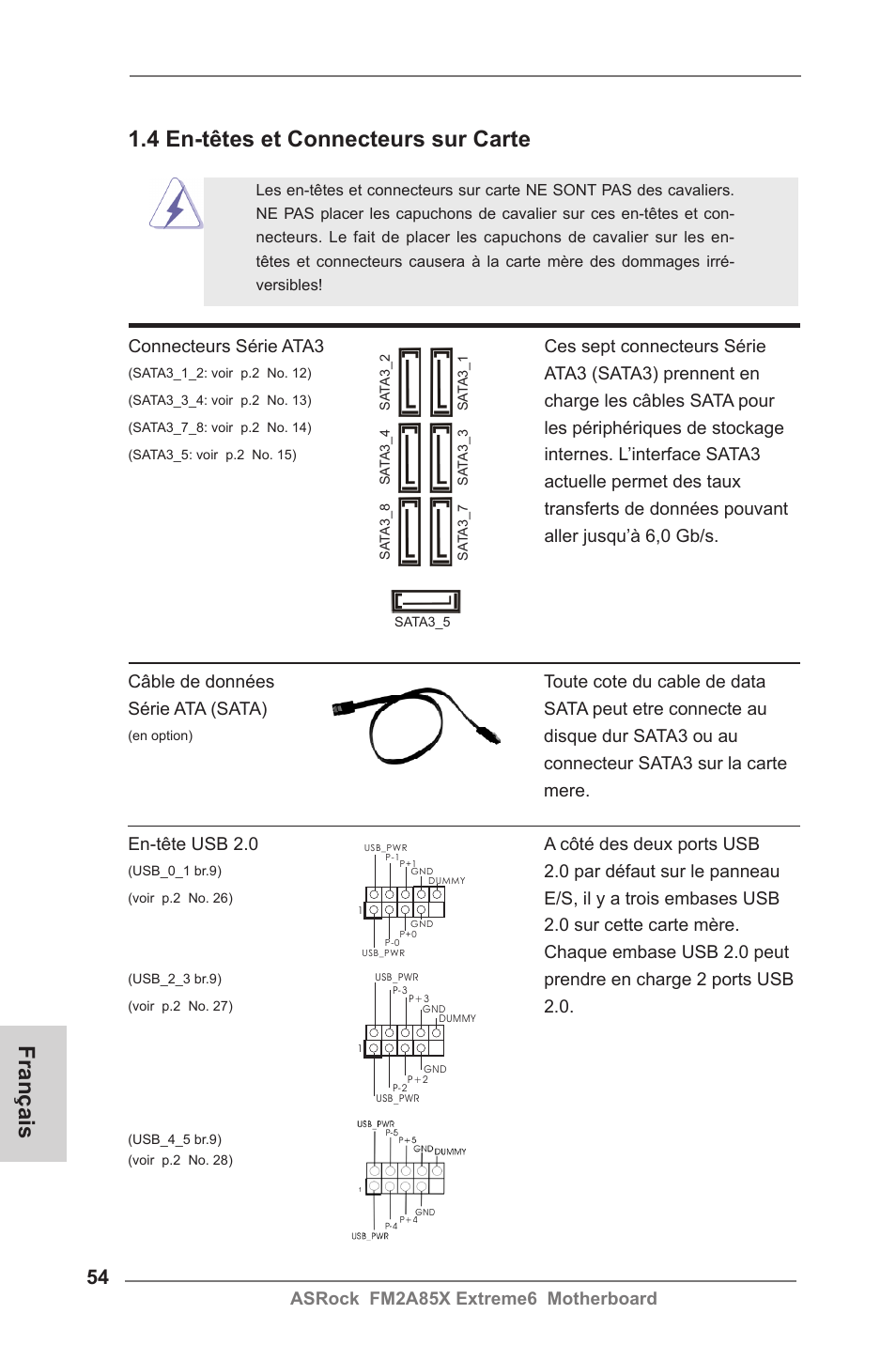 4 en-têtes et connecteurs sur carte, Français | ASRock FM2A85X Extreme6 User Manual | Page 54 / 186
