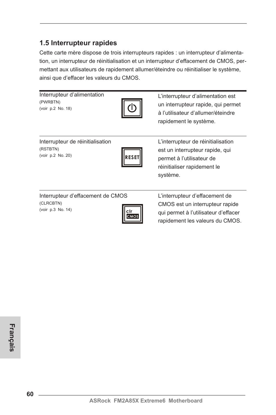 Français 1.5 interrupteur rapides | ASRock FM2A85X Extreme6 User Manual | Page 60 / 186