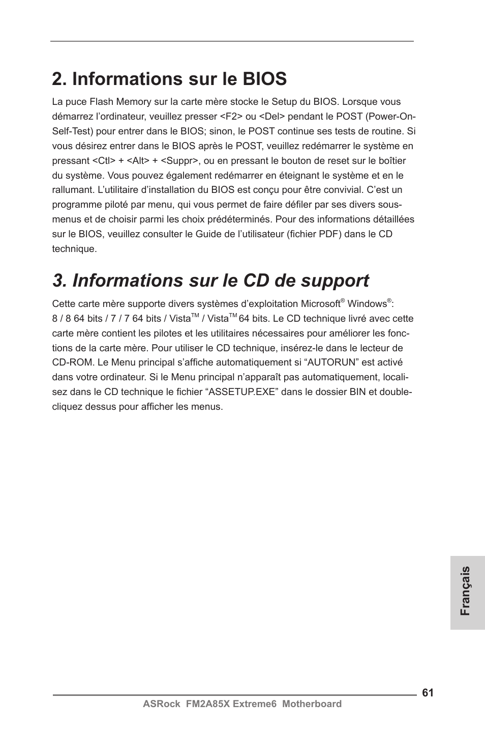 Informations sur le bios, Informations sur le cd de support, Français | ASRock FM2A85X Extreme6 User Manual | Page 61 / 186