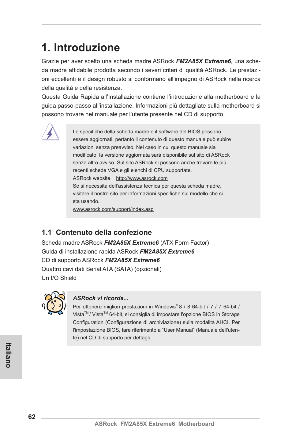 Italian, Introduzione, 1 contenuto della confezione | Italiano | ASRock FM2A85X Extreme6 User Manual | Page 62 / 186