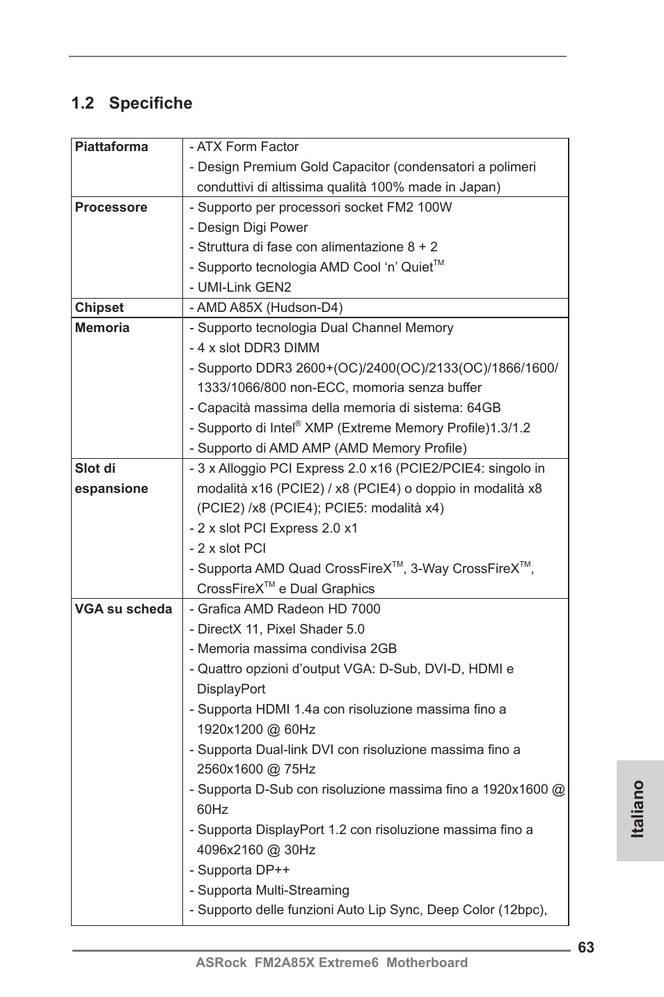 Italiano 1.2 specifiche | ASRock FM2A85X Extreme6 User Manual | Page 63 / 186