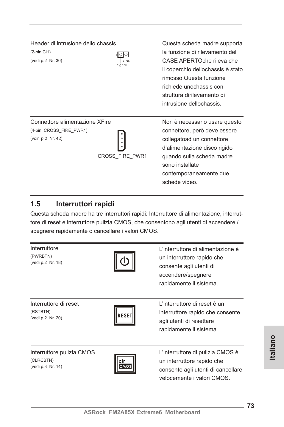 Italiano 1.5 interruttori rapidi | ASRock FM2A85X Extreme6 User Manual | Page 73 / 186