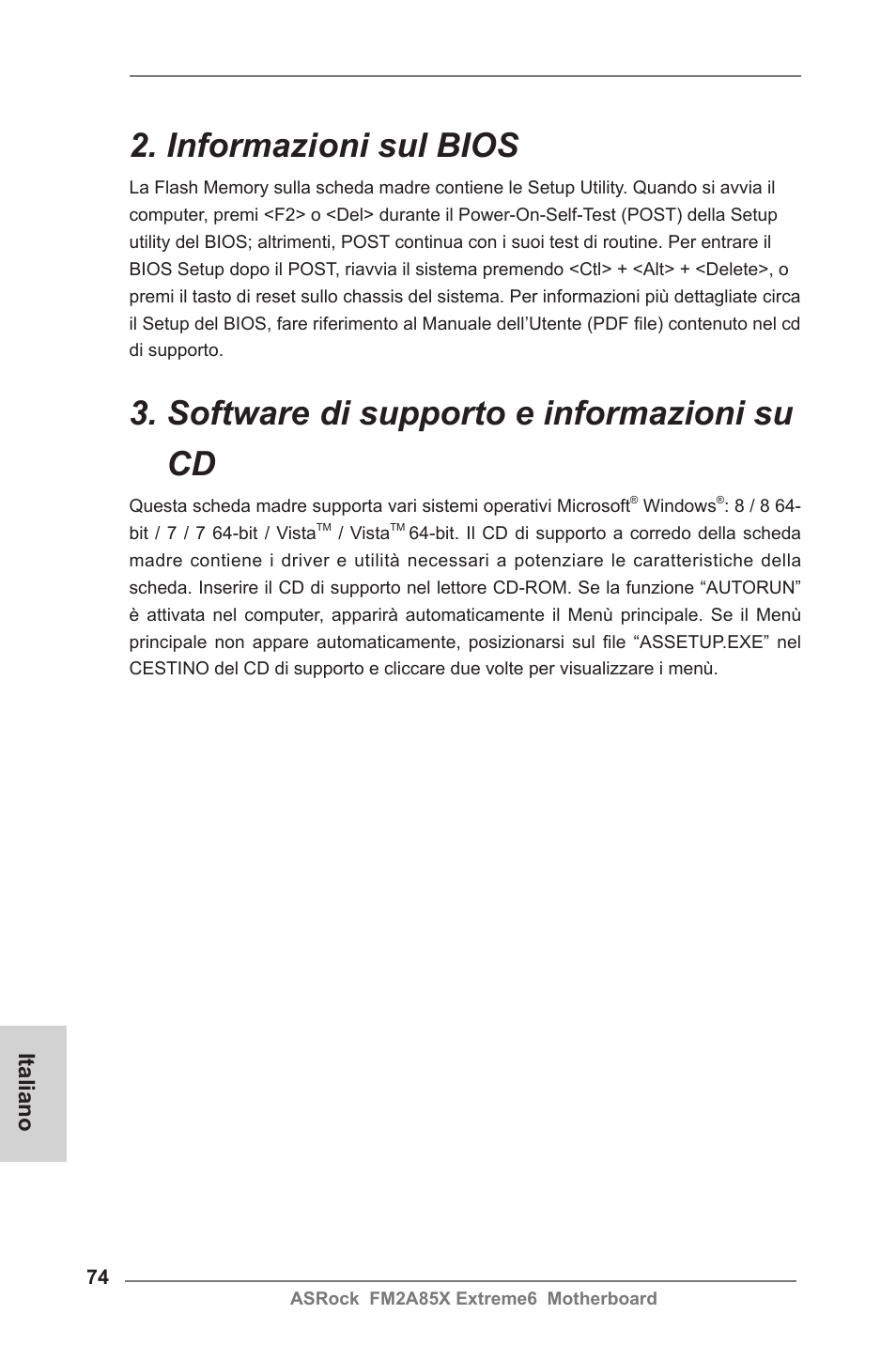Informazioni sul bios, Software di supporto e informazioni su cd, Italiano | ASRock FM2A85X Extreme6 User Manual | Page 74 / 186