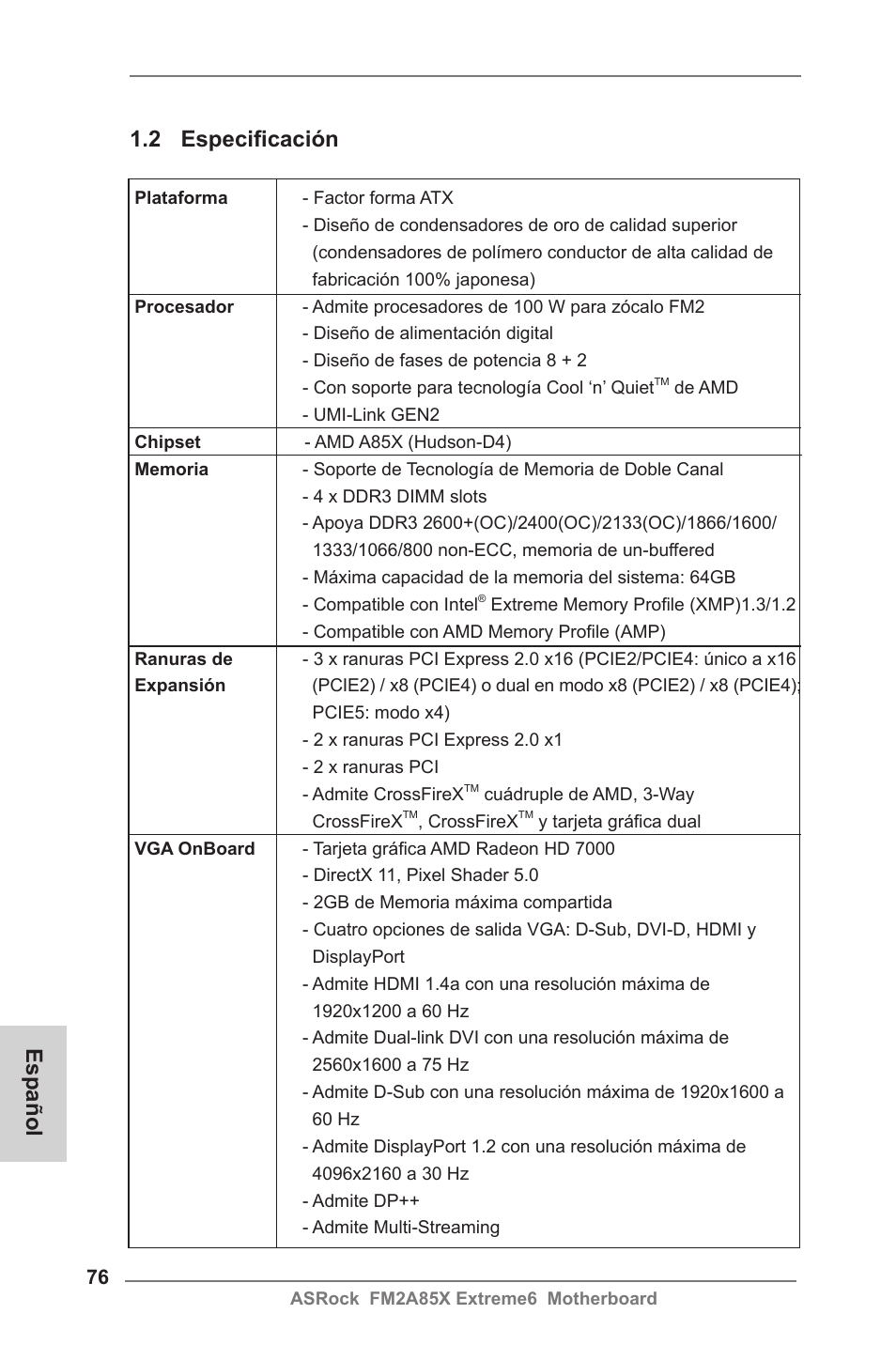 2 especificación, Español | ASRock FM2A85X Extreme6 User Manual | Page 76 / 186