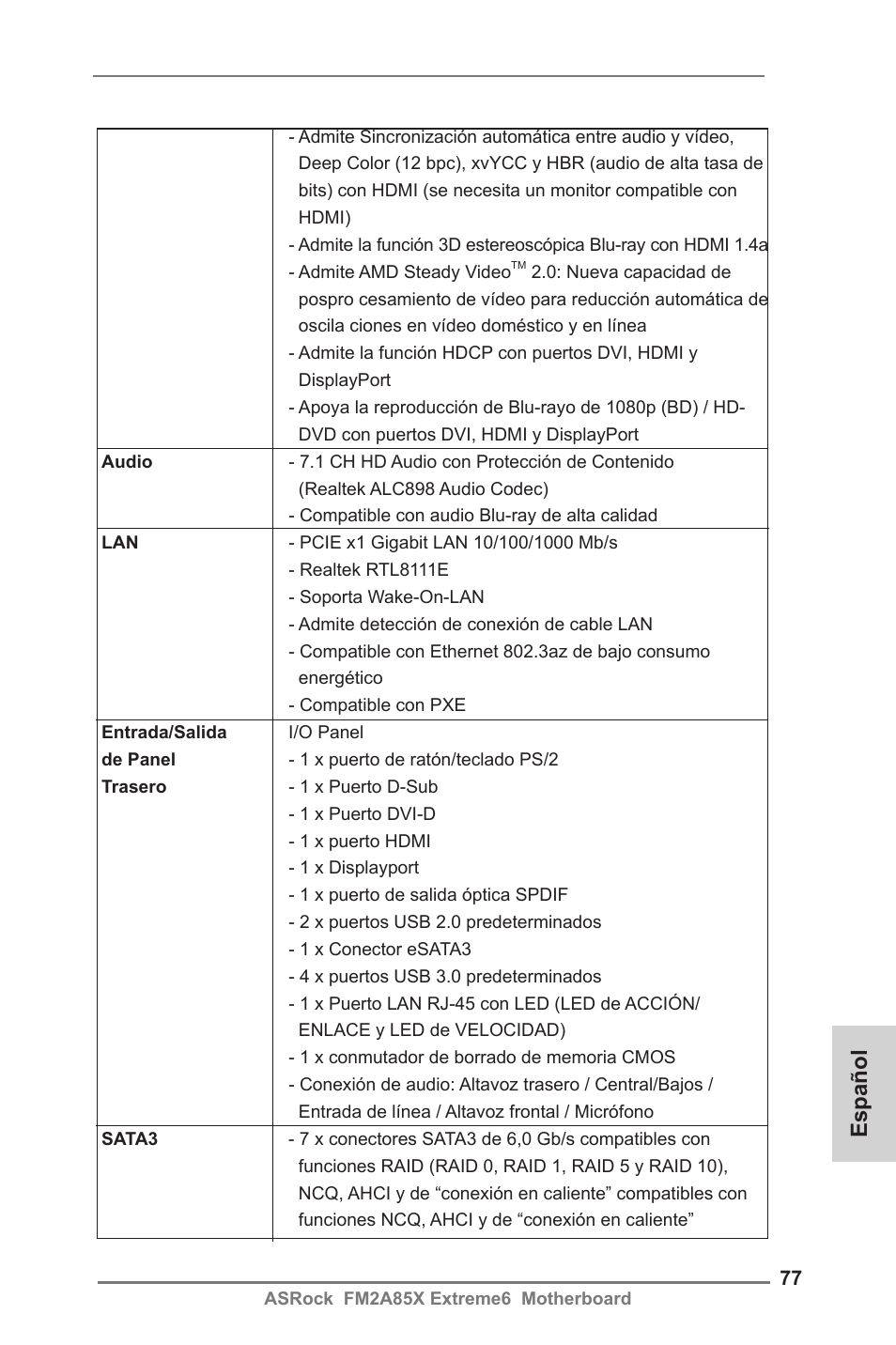 Español | ASRock FM2A85X Extreme6 User Manual | Page 77 / 186