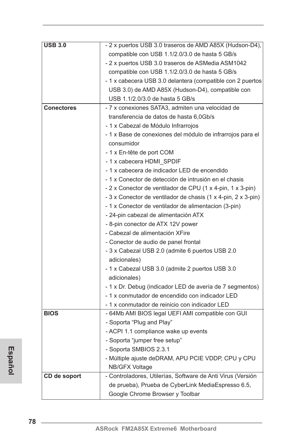 Español | ASRock FM2A85X Extreme6 User Manual | Page 78 / 186