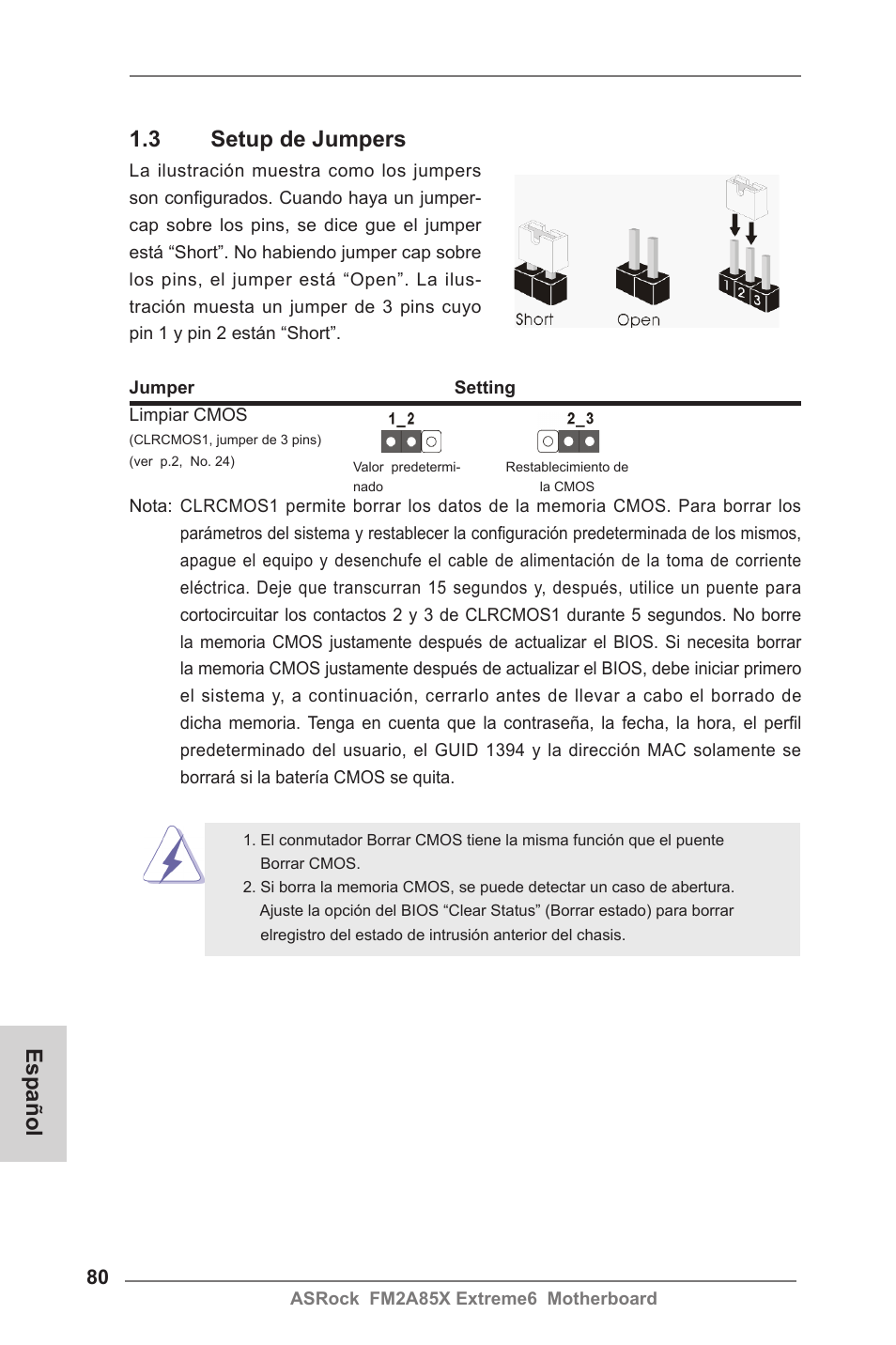 Español 1.3 setup de jumpers | ASRock FM2A85X Extreme6 User Manual | Page 80 / 186