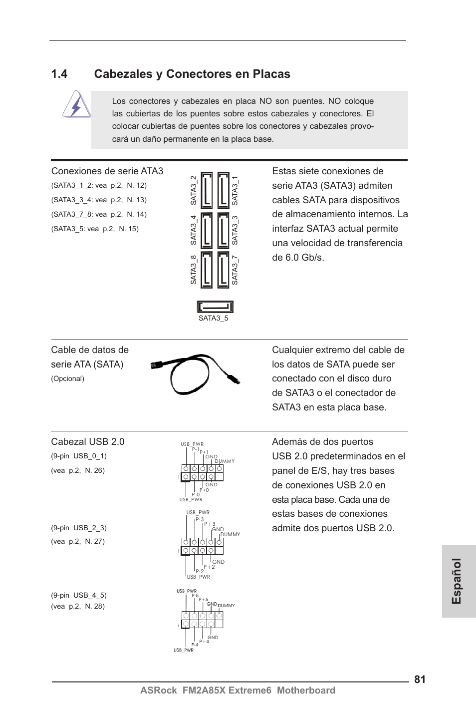 Español, 4 cabezales y conectores en placas | ASRock FM2A85X Extreme6 User Manual | Page 81 / 186