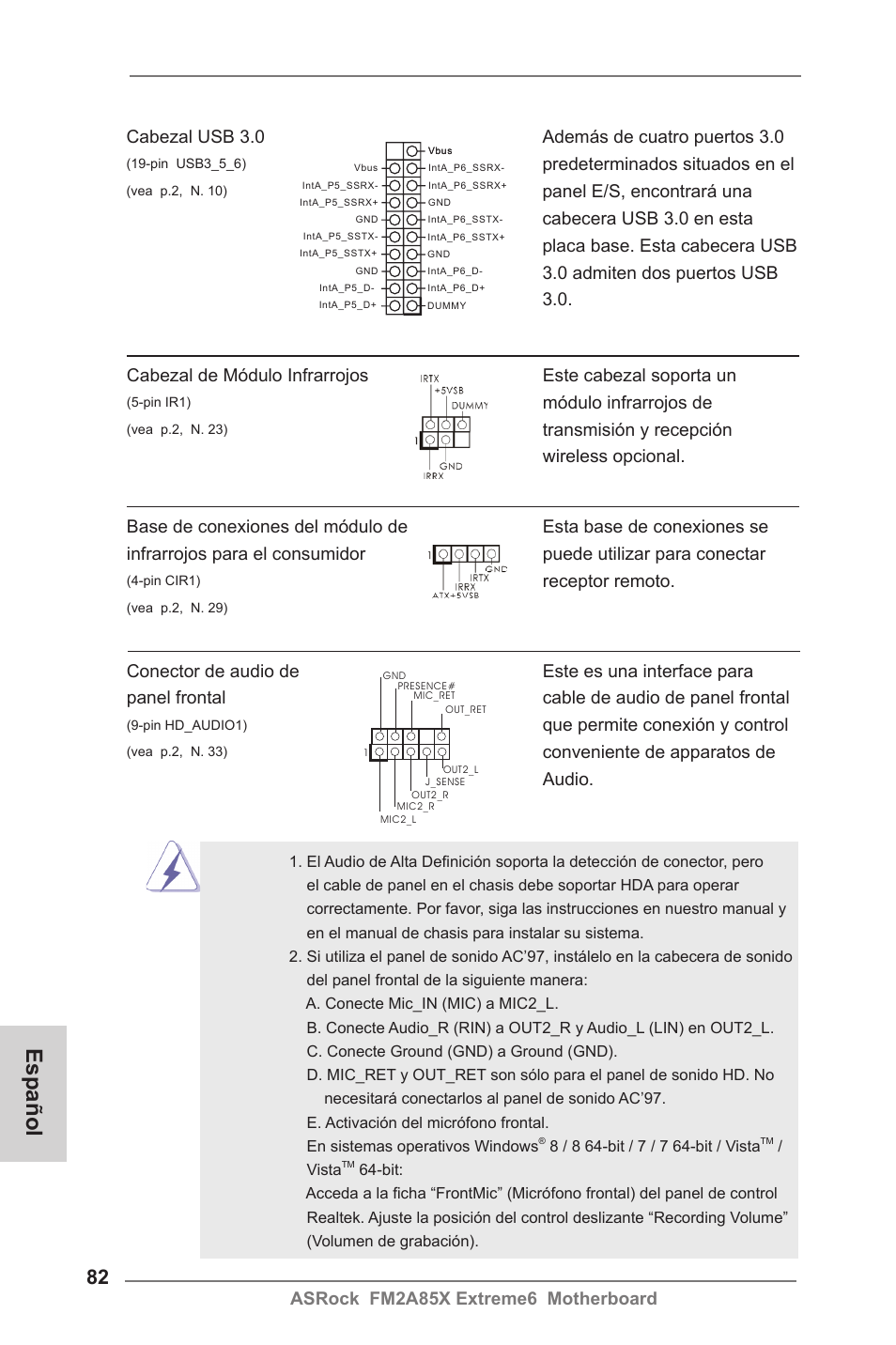 Español, Módulo infrarrojos de, Que permite conexión y control | Receptor remoto, Cabezal usb 3.0 además de cuatro puertos 3.0, Predeterminados situados en el | ASRock FM2A85X Extreme6 User Manual | Page 82 / 186