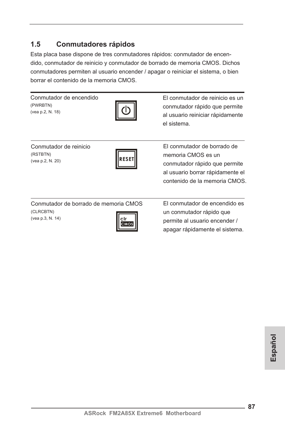Español 1.5 conmutadores rápidos | ASRock FM2A85X Extreme6 User Manual | Page 87 / 186