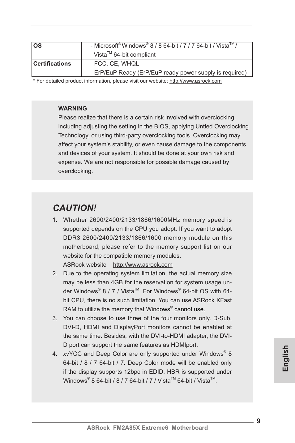 Caution, English | ASRock FM2A85X Extreme6 User Manual | Page 9 / 186