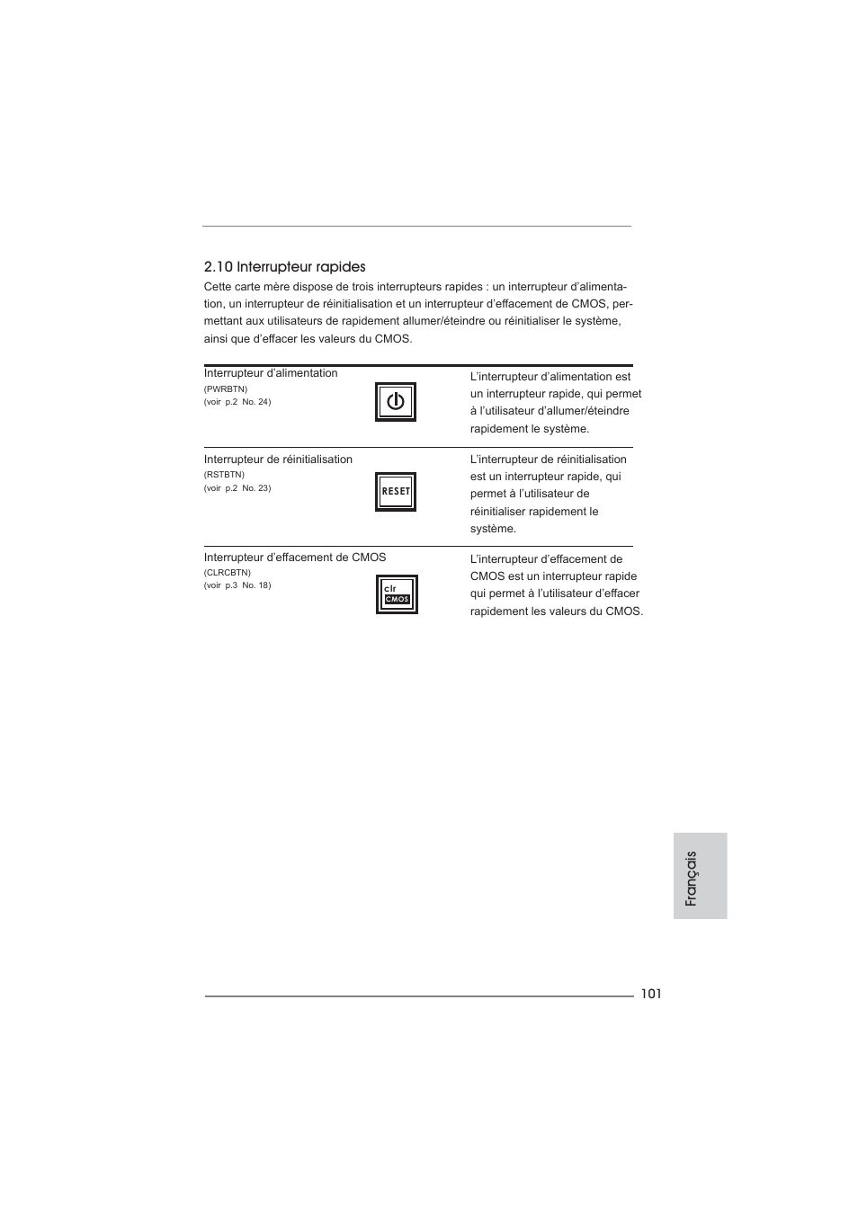 Français 2.10 interrupteur rapides | ASRock P67 Extreme6 User Manual | Page 101 / 312