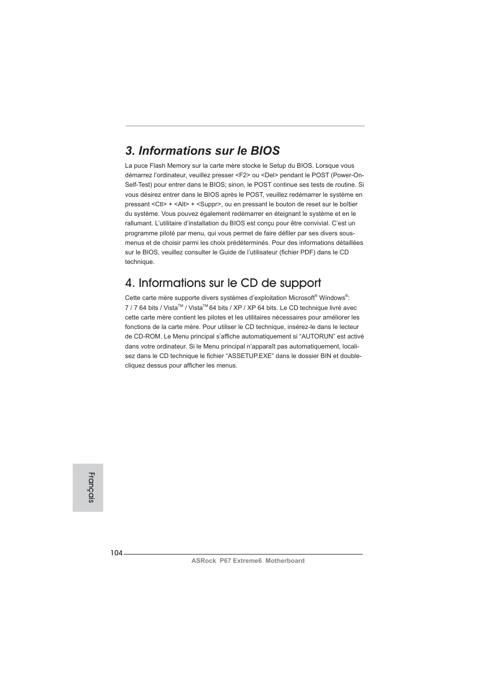 Informations sur le bios, Informations sur le cd de support | ASRock P67 Extreme6 User Manual | Page 104 / 312
