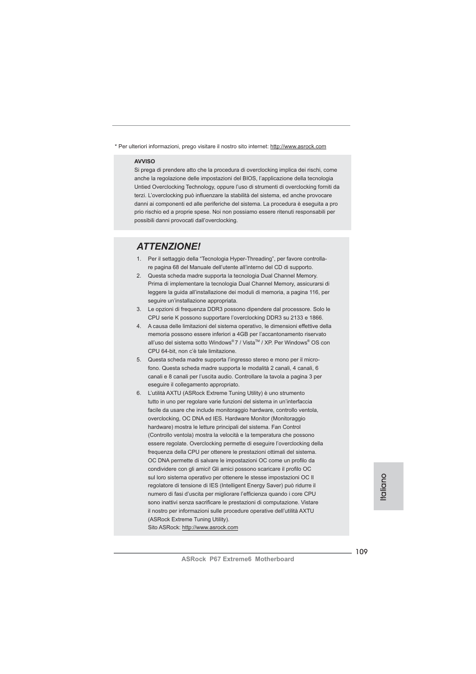 Attenzione, Italiano | ASRock P67 Extreme6 User Manual | Page 109 / 312