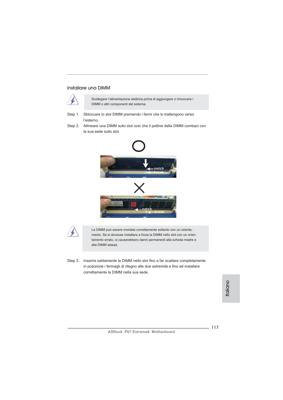 Italiano installare una dimm | ASRock P67 Extreme6 User Manual | Page 117 / 312