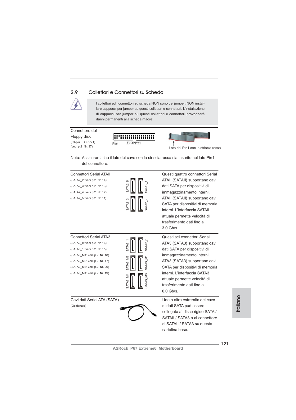 Italiano, 9 collettori e connettori su scheda | ASRock P67 Extreme6 User Manual | Page 121 / 312
